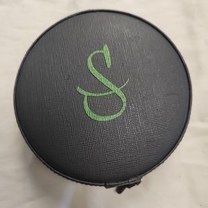 MARK & GRAHAM Gray Green "S" ROUND TRAVEL JEWELRY CASE 4.75W X 1.5H Multi Pocket